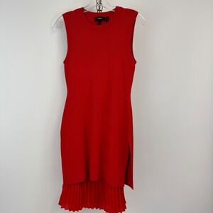 Theory Dress Women's Petite P Red Rib Knit Pleated Hem Sleeveless